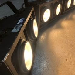 A row of Ex-Hire Elation Cuepix WW2 LED Blinders casting bright beams on the floor, ready to illuminate a performance with dramatic lighting.