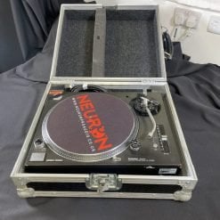 Pair of Ex-Hire Technics 1210 Mk5 vinyl turntables packed in a sturdy, protective flight case, ready for transport or performance.