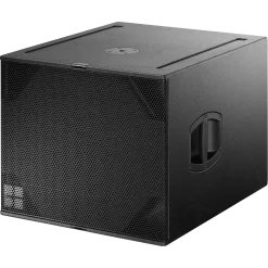 A black d&b B6 subwoofer with a textured, metal grille covering the front and sides, featuring a handle on the side.