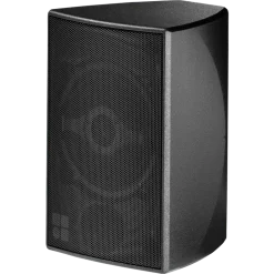 A black d&b E5 professional audio speaker with a visible woofer covered by a protective grille, set against a plain background.