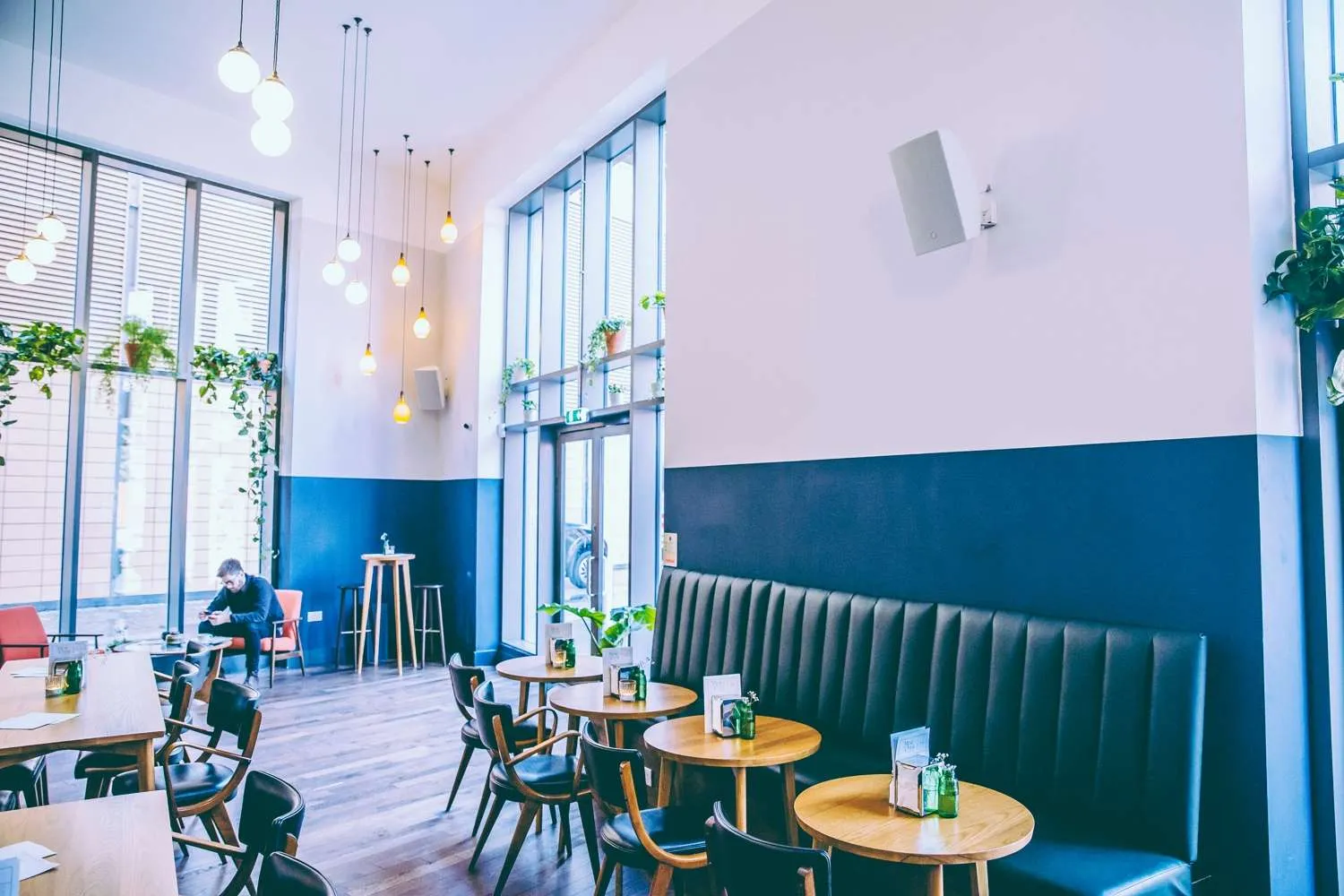 A modern and stylish cafe interior with high ceilings and a serene atmosphere, featuring cozy seating arrangements, pendant lighting, decorative greenery, and an AV installation from Manchester. A patron is seen enjoying the calm