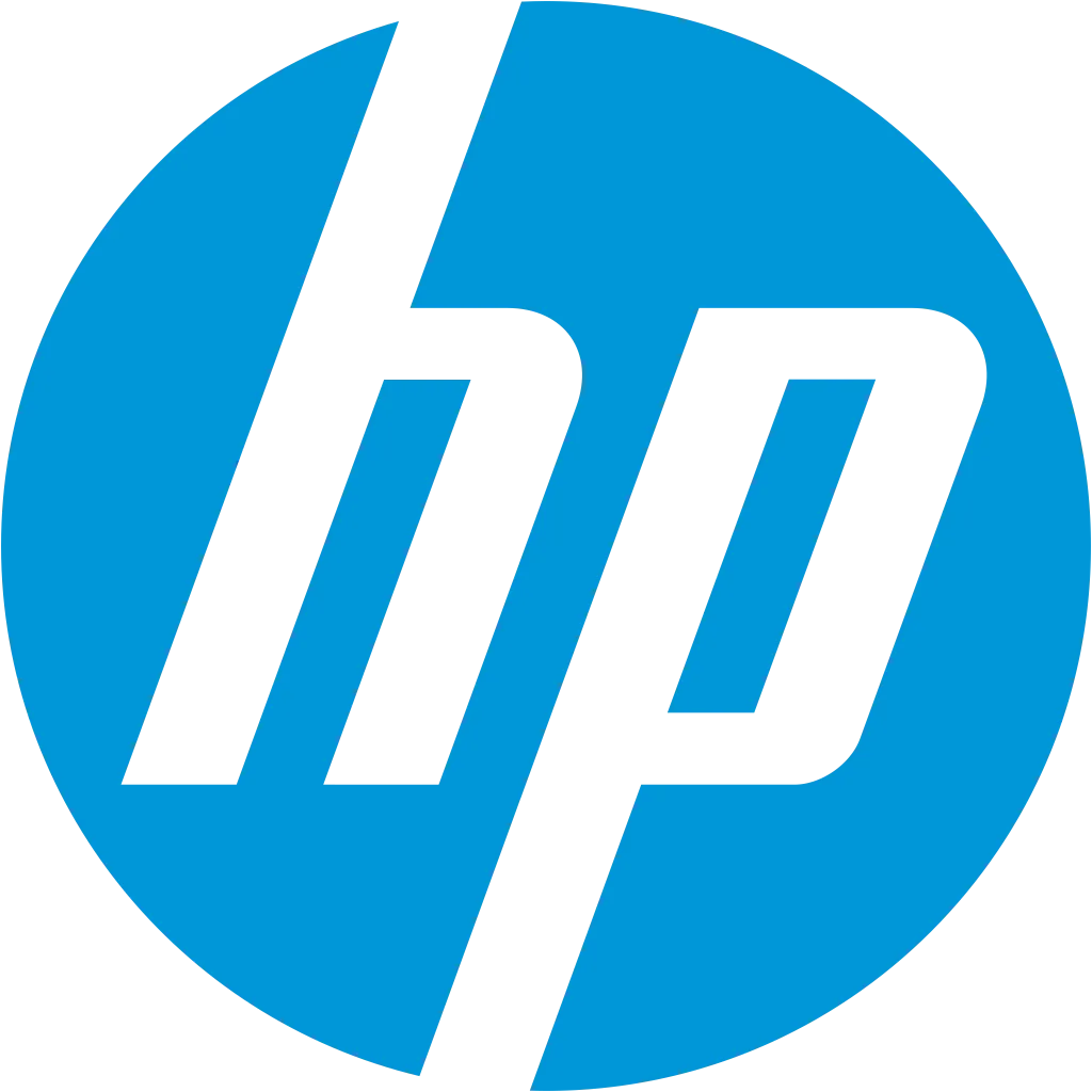 The image is a logo representing Hewlett-Packard, commonly known as HP, which is a multinational information technology and event services company. The design consists of a blue circle with the lowercase letters 'h