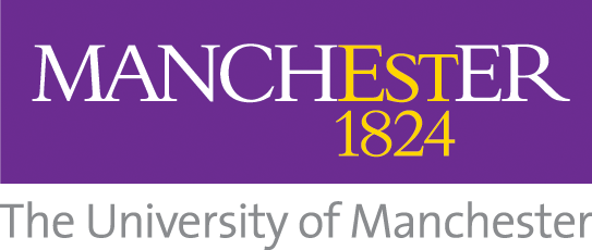 Logo of the University of Manchester with its establishment year, 1824, in bold underneath the university's name, set on a purple background for a virtual event studio.