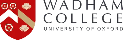 The image displays the logo of Wadham College, a constituent college of the University of Oxford, featuring a shield with a bold chevron and elements including stars and scallop shells, symbolizing the