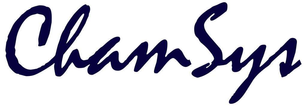 Logo with stylized, cursive typography spelling 'clamsys' in blue, designed for AV lighting installations.